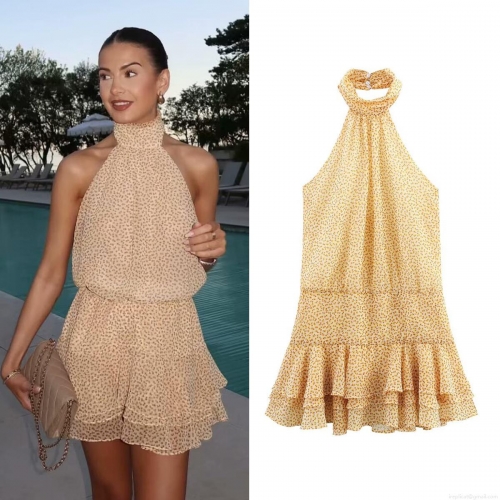 Women's Sunflower Print Halter Neck Mini Dress Backless Tiered Ruffle Hem Chiffon Feel Sleeveless Summer Dress For Vacation Beach Party