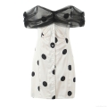 Women's Polka Dot Strapless Mini Dress Elegant Mesh Puff Sleeve Single Breasted Satin Patchwork Dress For Summer Party Clubwear