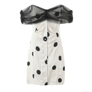 Women's Polka Dot Strapless Mini Dress Elegant Mesh Puff Sleeve Single Breasted Satin Patchwork Dress For Summer Party Clubwear