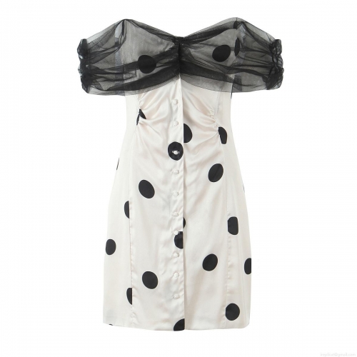 Women's Polka Dot Strapless Mini Dress Elegant Mesh Puff Sleeve Single Breasted Satin Patchwork Dress For Summer Party Clubwear