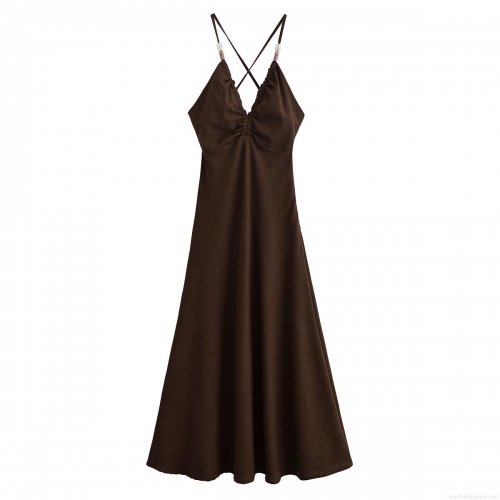 Summer Sexy Backless Maxi Dress For Women Solid V Neck Ruched Cami Dress With Criss Cross Straps And Wood Beads Decor Elegant Streetwear Party Vacation Long Dress