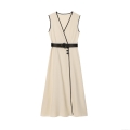 Women's V-Neck Sleeveless Midi Dress Polyester Contrast Trim Belted Tank Dress Summer Casual Street Style A-Line Sundress for Women Beige