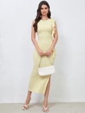 Women Sexy Bodycon Maxi Dress Milk Silk Side Slit Shoulder Streamer Ruffle Trim Sleeveless Elegant Evening Party Gown Solid Apricot Summer