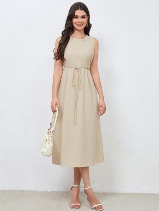 Women's Elegant Maxi Dress Sleeveless Round Neck Ruched Belted A-Line Dress Summer Solid Color Polyester Spandex Blend Long Dress for Casual Business Travel