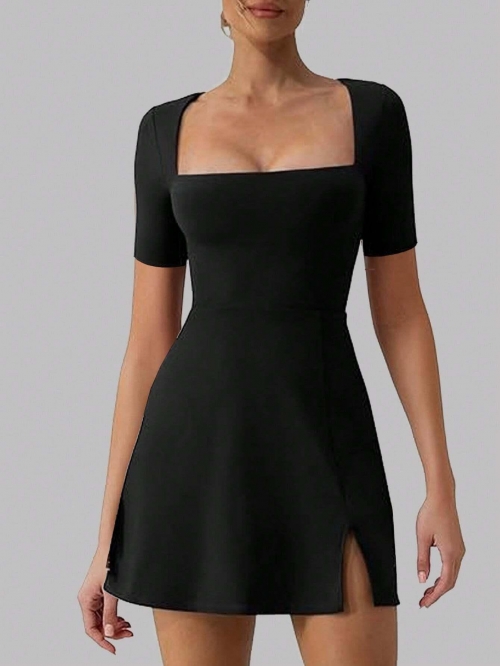 Elegant Women's Black Square Neck Mini Dress Polyester Elastane Short Sleeve Side Slit Bodycon Dress For Sexy Party Commute Summer Outfit
