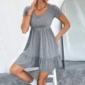 Women's Sexy Knitted Mini Dress Short Sleeve Round Neck Button Decor High Waist Ruffled Hem Cotton Blend Casual Summer Sundress for Ladies