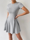 Women's Sexy Knitted Mini Dress Round Neck Short Sleeve Slim Fit A-Line Flare Hem Solid Grey Viscose Elastane Blend Summer Casual Bodycon Dress