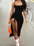 Women's Sexy Black Bodycon Midi Dress Spaghetti Strap Side Slit Drawstring Ruched Summer Clubwear Slim Fit Party Dress