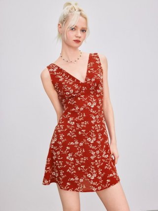 Women's Summer Floral Print Mini Dress V-Neck Sleeveless Backless A-Line Short Skirt With Bow Tie Polyester Spandex Elegant Dress For Vacation Party