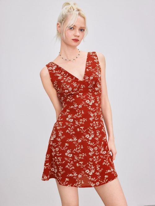 Women's Summer Floral Print Mini Dress V-Neck Sleeveless Backless A-Line Short Skirt With Bow Tie Polyester Spandex Elegant Dress For Vacation Party