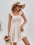 French Elegant Smocked Mini Dress With Ruffle Straps Summer Seaside Resort Sleeveless A-Line Polyester Spandex Dress For Women