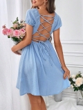 Women French Elegant Backless Square Neck Puff Sleeve Dress 100% Cotton Crinkle Textured High Waist A-Line Midi Dress Summer Vacation Casual Party