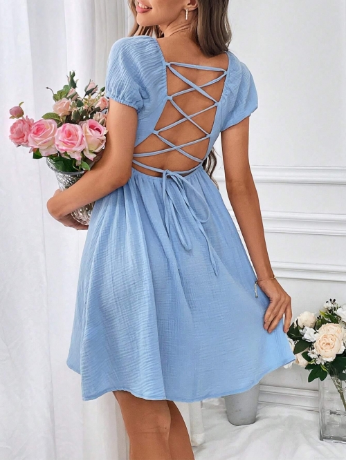 Women French Elegant Backless Square Neck Puff Sleeve Dress 100% Cotton Crinkle Textured High Waist A-Line Midi Dress Summer Vacation Casual Party