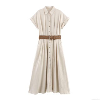 Women's Summer Short Sleeve Lapel Linen Blend Midi Dress With Belt Solid Color Elegant Single Breasted A-Line Vacation Casual Fashion Dress