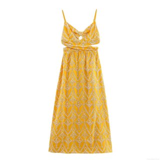 Women's Sunflower Yellow Cotton Blend Hollow Out Embroidered Camisole Dress Sexy Backless Twist Front Midi Dress For Summer Vacation Beach Party