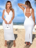 Women's Sexy V-Neck Backless Maxi Dress White Knit Polyester Elastane Blend French Style Summer Beach Vacation Long Dress With Metal Ring Decoration