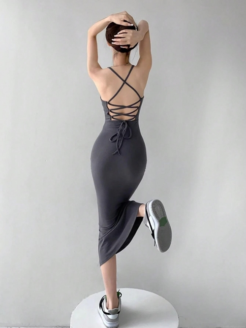 Women's Sexy Backless Bodycon Dress Polyester Spandex Cross Strap Midi Dress For Party Summer Sleeveless Fish-Tail Clubwear