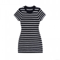 Summer Women Black White Striped Knit Mini Dress Short Sleeve Round Neck Slim Fit Polyester Casual Street Style Bodycon Dress