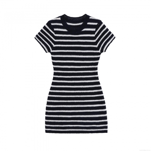 Summer Women Black White Striped Knit Mini Dress Short Sleeve Round Neck Slim Fit Polyester Casual Street Style Bodycon Dress