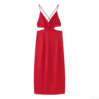Women's Sexy Red Backless Hollow Out Cami Midi Dress Cross Strap Cutout Side Slit Satin Polyester Dress For Party Club Night Out Summer Streetwear