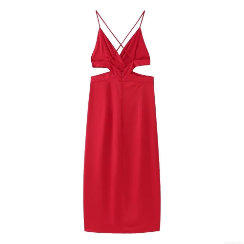 Women's Sexy Red Backless Hollow Out Cami Midi Dress Cross Strap Cutout Side Slit Satin Polyester Dress For Party Club Night Out Summer Streetwear