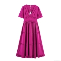 Women's V-Neck Ruffle Tiered Midi Dress 100% Polyester Backless Layered Cake Skirt Fuchsia Summer Vacation Streetwear Party Dress For Women