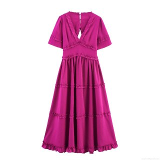 Women's V-Neck Ruffle Tiered Midi Dress 100% Polyester Backless Layered Cake Skirt Fuchsia Summer Vacation Streetwear Party Dress For Women