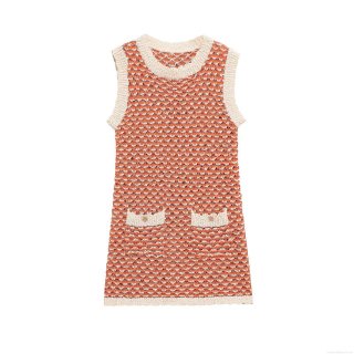 Women's Summer Sleeveless Knitted Midi Dress Contrast Color Patchwork Pockets With Metal Buttons Western Street Style Polyester Knit Dress