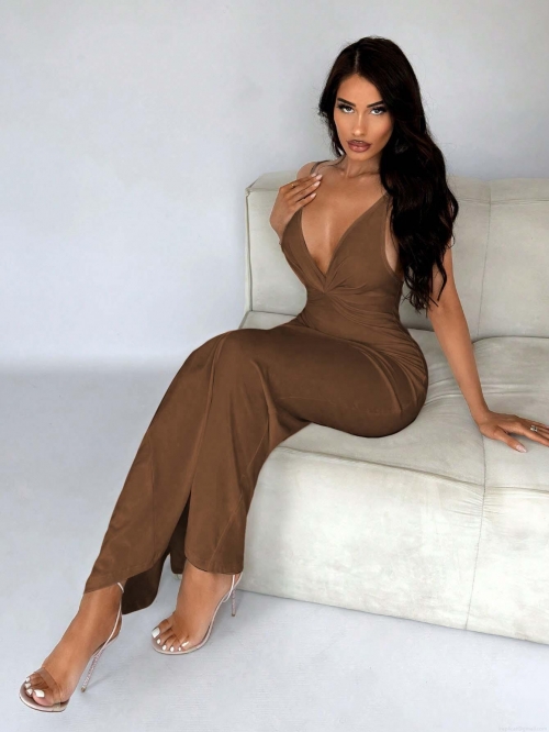 Sexy Deep V Neck Backless Bodycon Maxi Dress For Women Summer Sleeveless Ruched High Waist Club Party Polyester Elastane Evening Long Gown