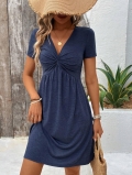 Women's Sexy V Neck Twist Front Short Sleeve Dress Elegant Knit High Waist A-Line Plain Casual Vacation Midi Dress