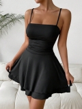 Women Sexy Black Camisole Mini Dress Ruched High Waist A-Line Short Dress Sleeveless Polyester Spandex Summer Party Clubwear Dress