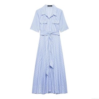 Women's Western Style Blue Striped Shirt Dress Lapel Short Sleeve Midi Polyester Dress With Belt For Daily Office Casual Elegant Clothing