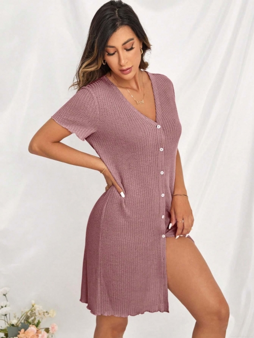 Women's Waffle Knit Loungewear Dress V-Neck Short Sleeve Button Down Nightgown Summer Loose Casual Solid Color Midi Sleepwear Dress