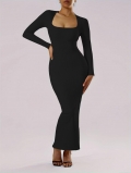 Women Square Neck Long Sleeve Ribbed Knit Maxi Dress Sexy Bodycon Slim Fit Ankle Length Back Split Autumn Winter Party Clubwear Dress