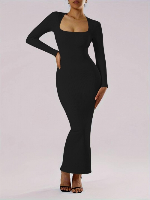 Women Square Neck Long Sleeve Ribbed Knit Maxi Dress Sexy Bodycon Slim Fit Ankle Length Back Split Autumn Winter Party Clubwear Dress