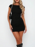 Women's Sexy Backless Bodycon Mini Dress Sleeveless Ruched Round Neck High Waist Solid Black Club Party Short Dress Polyester Spandex Blend Slim Fit