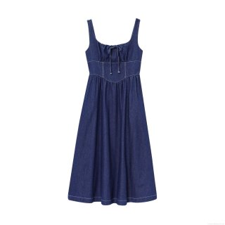 Women's Denim Midi Dress Spaghetti Strap Square Neck Lace Up Front Smocked Back Contrast Stitching Casual Streetwear Summer Navy Blue Fashion Dress