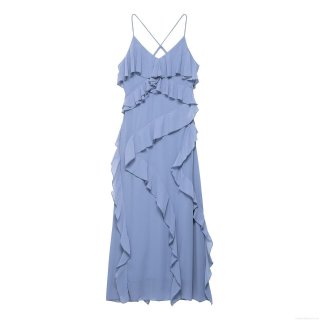 Women's Summer Ruffle Backless Spaghetti Strap Maxi Dress Elegant V-Neck Chiffon Polyester Solid Color Long Evening Party Dress for Women