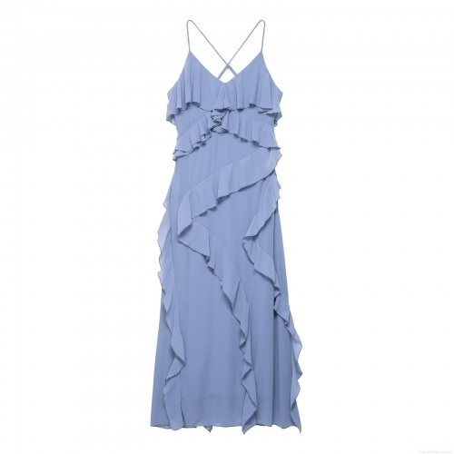 Women's Summer Ruffle Backless Spaghetti Strap Maxi Dress Elegant V-Neck Chiffon Polyester Solid Color Long Evening Party Dress for Women