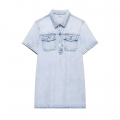 Women's Light Blue Short Sleeve Denim Mini Dress Casual Lapel Button Down A-Line Dress with Pockets Summer Streetwear