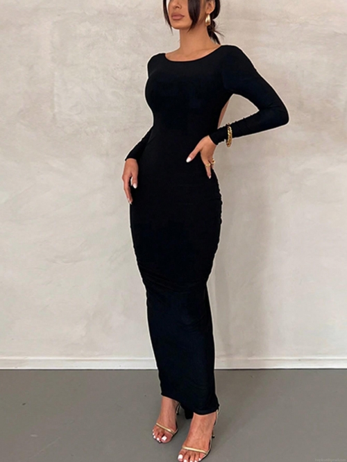 Elegant Sexy Backless Maxi Dress For Women Long Sleeve Ruched Bodycon Evening Party Long Dress Autumn Winter Luxury Celebrity Style Clubwear