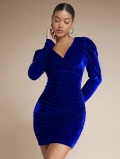 Women's Sexy V-Neck Velvet Mini Dress Long Sleeve Ruched Bodycon Party Dress Made of 95% Polyester and 5% Elastane for Club Night Out