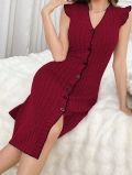 Women's Sleeveless V-Neck Knit Midi Dress Button Front Ribbed Bodycon Ruffle Trim Slit Hem Summer Casual Home Party Dress Wine Red