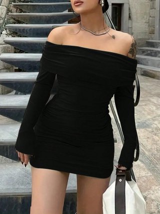 Women's Sexy Off-The-Shoulder Bodycon Dress Long Sleeve Ruched Slim Fit Mini Party Clubwear Polyester Spandex Solid Black Short Dress