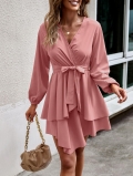 Women Elegant V Neck Long Sleeve Mini Dress 100% Polyester High Waist Self Tie Belt Layered Ruffle Hem A-Line Party Short Dress Solid Color Commuter