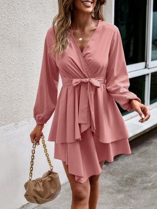 Women Elegant V Neck Long Sleeve Mini Dress 100% Polyester High Waist Self Tie Belt Layered Ruffle Hem A-Line Party Short Dress Solid Color Commuter