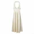 Women Elegant Satin Halter Backless Midi Dress Sexy Scarf Neck Tie-up Party Evening Clubwear Solid Champagne Sleeveless Bodycon Dresses