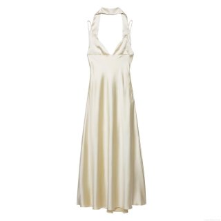 Women Elegant Satin Halter Backless Midi Dress Sexy Scarf Neck Tie-up Party Evening Clubwear Solid Champagne Sleeveless Bodycon Dresses