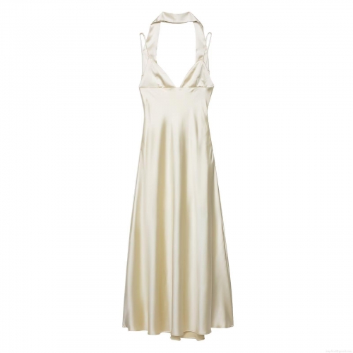 Women Elegant Satin Halter Backless Midi Dress Sexy Scarf Neck Tie-up Party Evening Clubwear Solid Champagne Sleeveless Bodycon Dresses