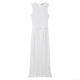 Women's Summer Elegant Knitted Sleeveless Midi Dress With Belt Round Neck Solid Color Minimalist Streetwear White Polyester Long Dress